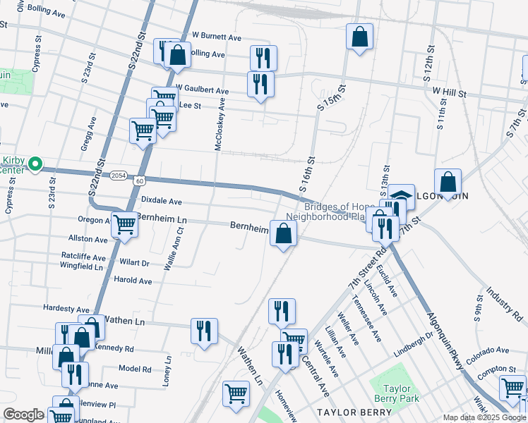 map of restaurants, bars, coffee shops, grocery stores, and more near 1614 Dixdale Avenue in Louisville
