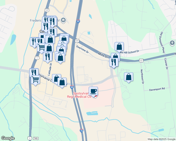 map of restaurants, bars, coffee shops, grocery stores, and more near 4621 Spotsylvania County Parkway in Fredericksburg