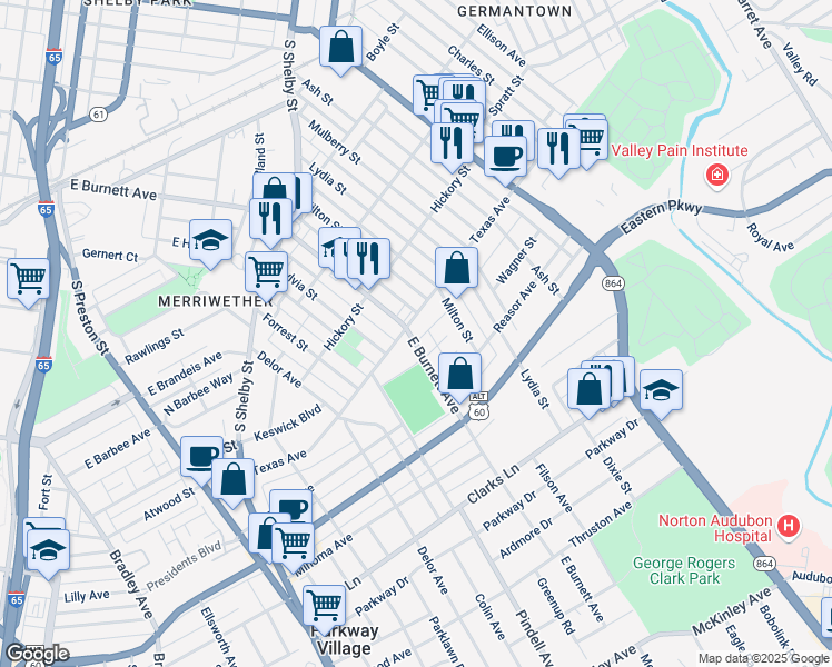 map of restaurants, bars, coffee shops, grocery stores, and more near 1477 Texas Ave in Louisville