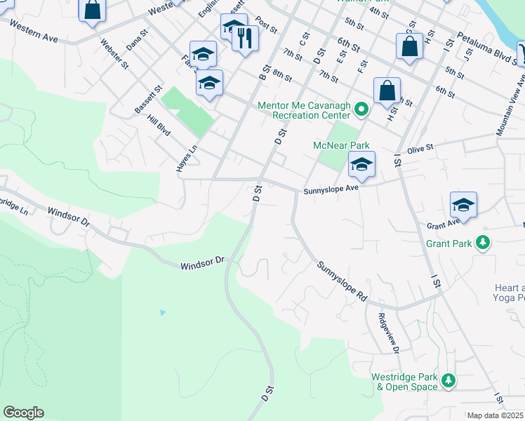 map of restaurants, bars, coffee shops, grocery stores, and more near 1315 D Street in Petaluma