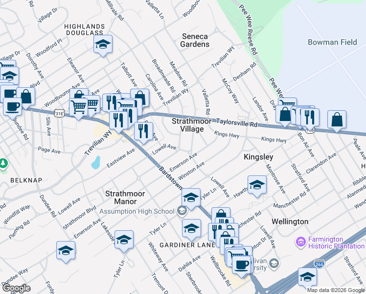 map of restaurants, bars, coffee shops, grocery stores, and more near 2300 Strathmoor Boulevard in Louisville