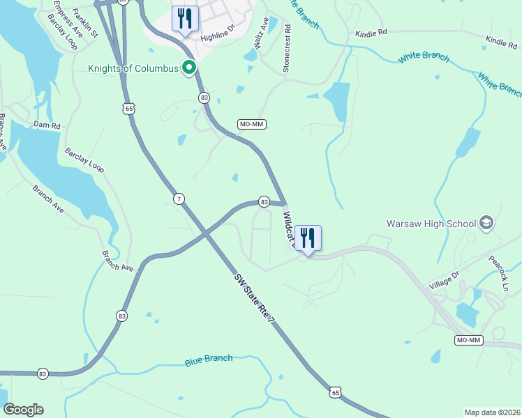 map of restaurants, bars, coffee shops, grocery stores, and more near 32168 Missouri 83 in Warsaw