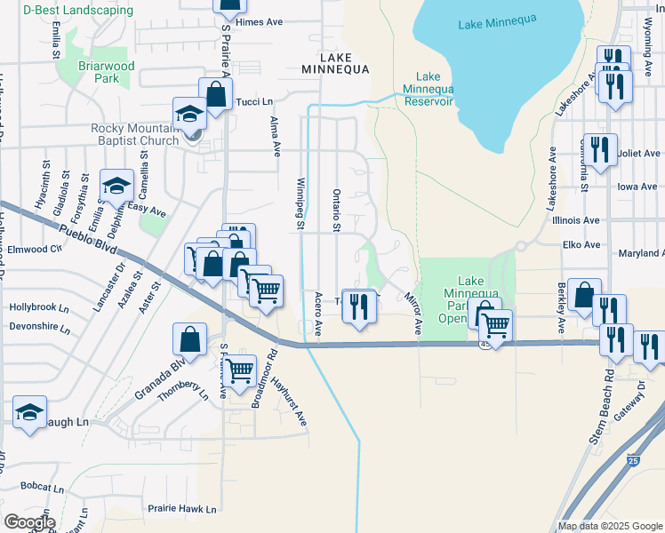 map of restaurants, bars, coffee shops, grocery stores, and more near 2827 Ontario Street in Pueblo