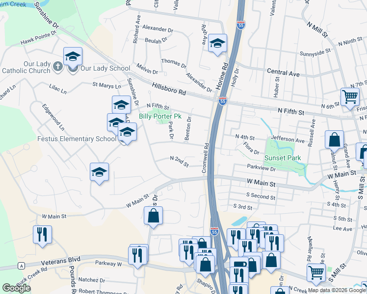 map of restaurants, bars, coffee shops, grocery stores, and more near 1206 North Third Street in Festus