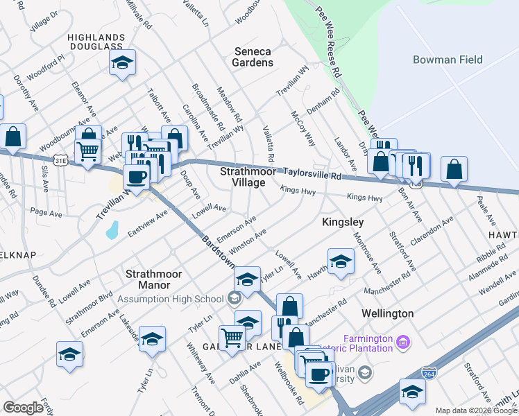 map of restaurants, bars, coffee shops, grocery stores, and more near 2315 Emerson Avenue in Louisville