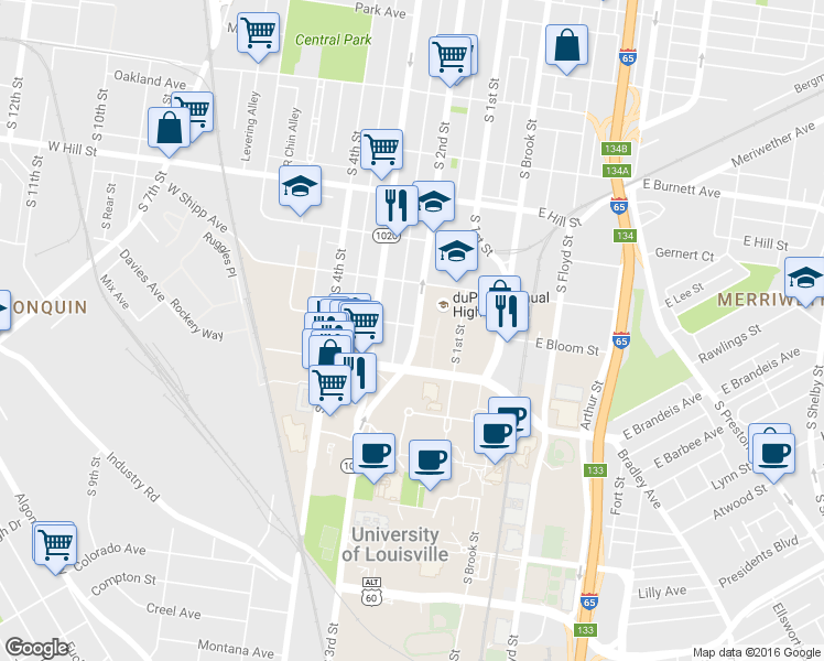 map of restaurants, bars, coffee shops, grocery stores, and more near 1726 South 2nd Street in Louisville