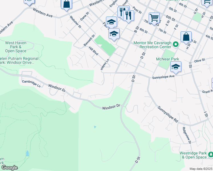 map of restaurants, bars, coffee shops, grocery stores, and more near 539 Hayes Lane in Petaluma
