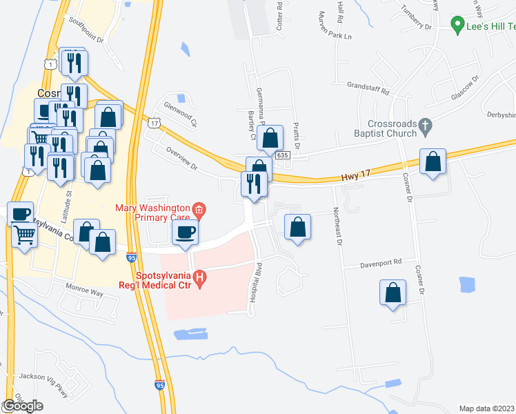 map of restaurants, bars, coffee shops, grocery stores, and more near 9815 Hospital Boulevard in Fredericksburg