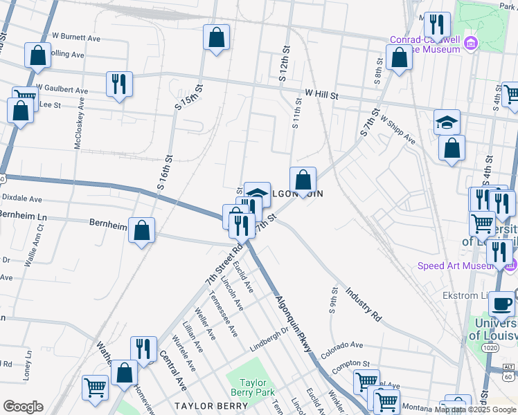 map of restaurants, bars, coffee shops, grocery stores, and more near 1900 South 7th Street in Louisville