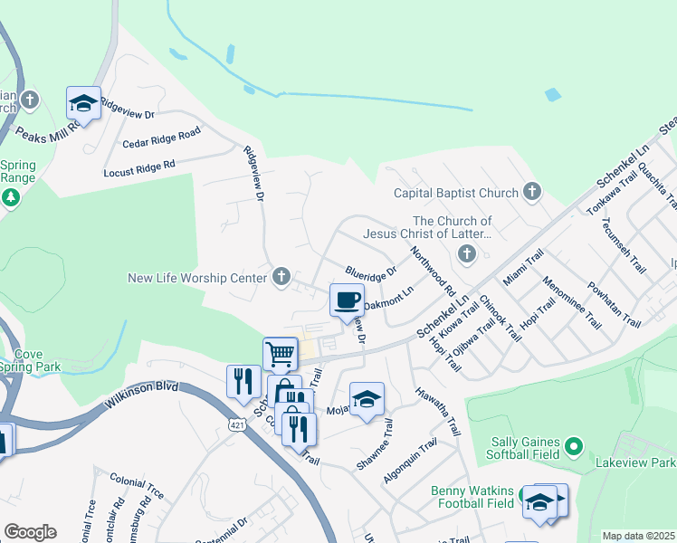 map of restaurants, bars, coffee shops, grocery stores, and more near 208 Blueridge Drive in Frankfort