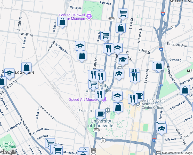 map of restaurants, bars, coffee shops, grocery stores, and more near 325 West Cardinal Boulevard in Louisville