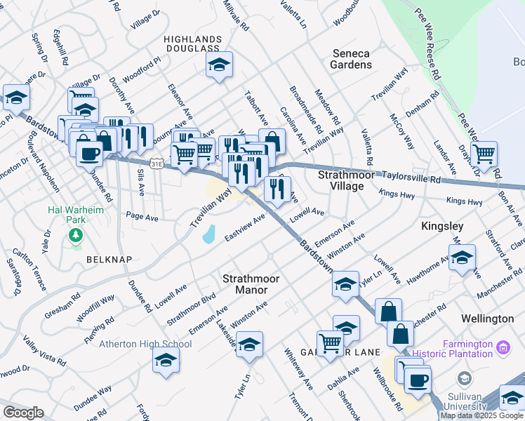 map of restaurants, bars, coffee shops, grocery stores, and more near 2169 Eastview Avenue in Louisville
