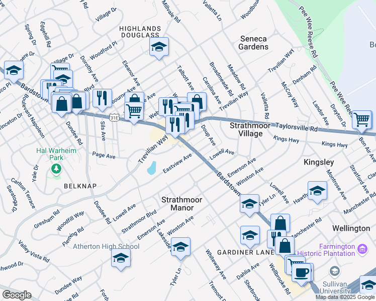 map of restaurants, bars, coffee shops, grocery stores, and more near 2169 Eastview Avenue in Louisville