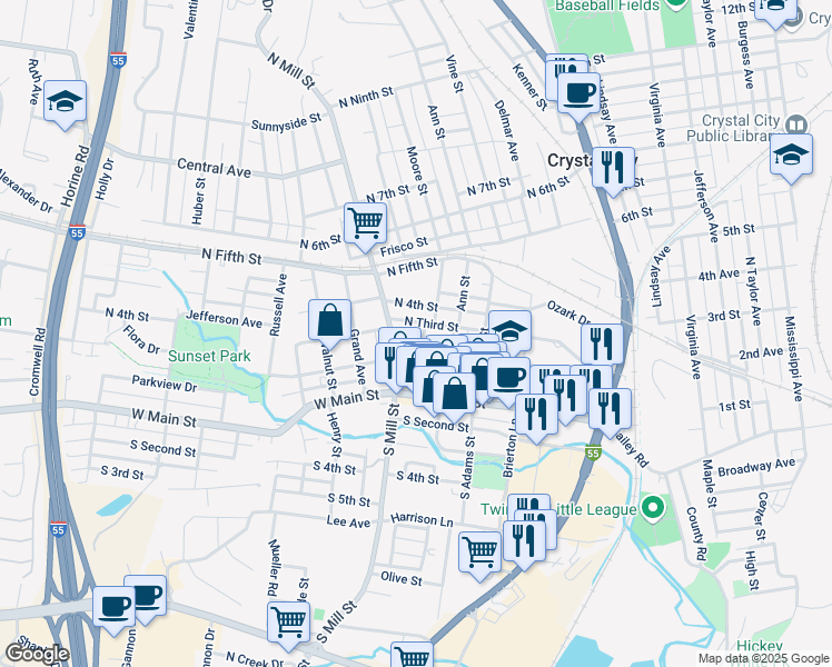 map of restaurants, bars, coffee shops, grocery stores, and more near 212 North Mill Street in Festus