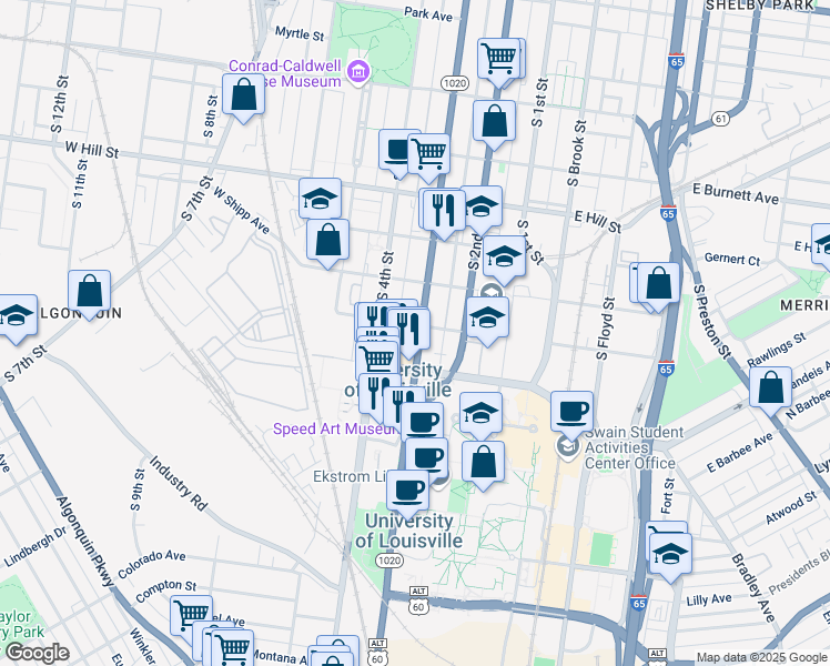 map of restaurants, bars, coffee shops, grocery stores, and more near 1800 South 3rd Street in Louisville