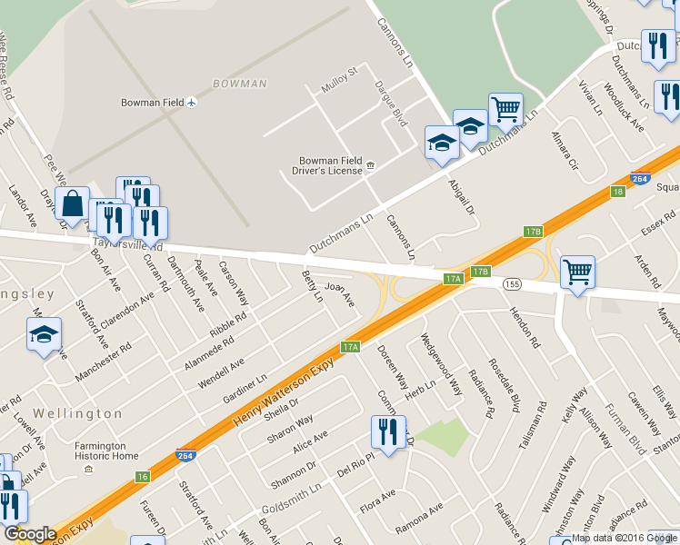map of restaurants, bars, coffee shops, grocery stores, and more near 3009 Joan Avenue in Louisville
