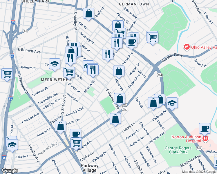 map of restaurants, bars, coffee shops, grocery stores, and more near 1477 Texas Avenue in Louisville