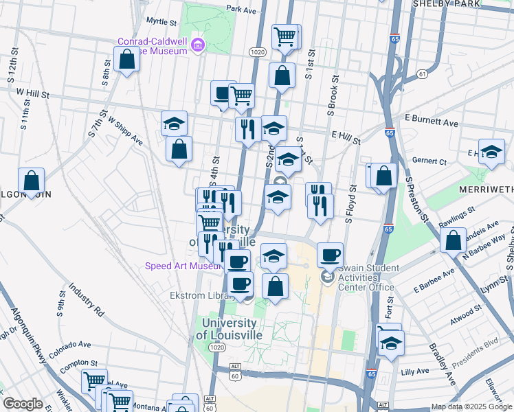 map of restaurants, bars, coffee shops, grocery stores, and more near 1726 South 2nd Street in Louisville