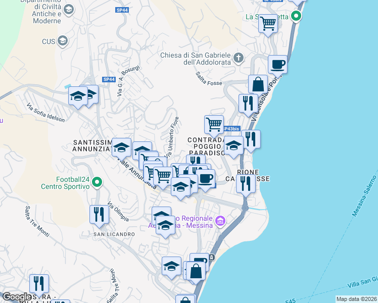 map of restaurants, bars, coffee shops, grocery stores, and more near 23a Viale dei Tigli in Messina