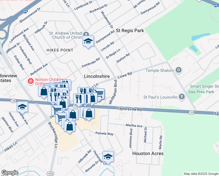 map of restaurants, bars, coffee shops, grocery stores, and more near 4218 Browns Lane in Louisville