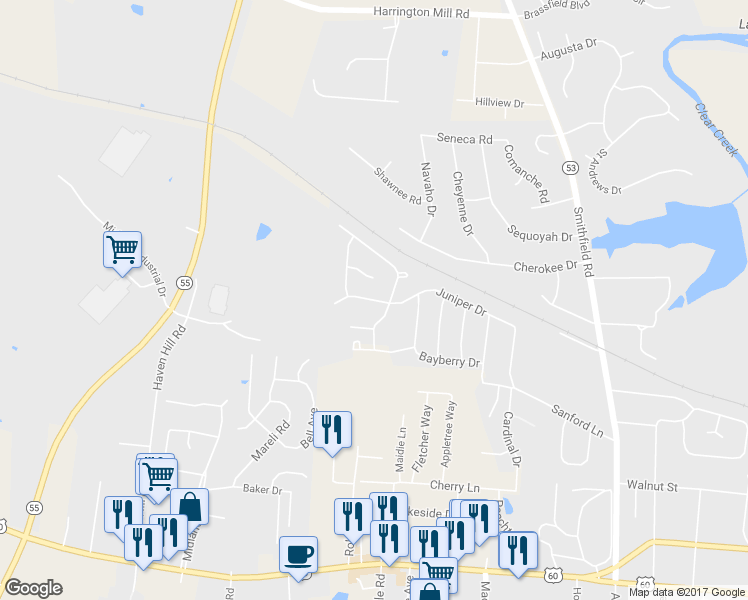 map of restaurants, bars, coffee shops, grocery stores, and more near 1644 Juniper Drive in Shelbyville