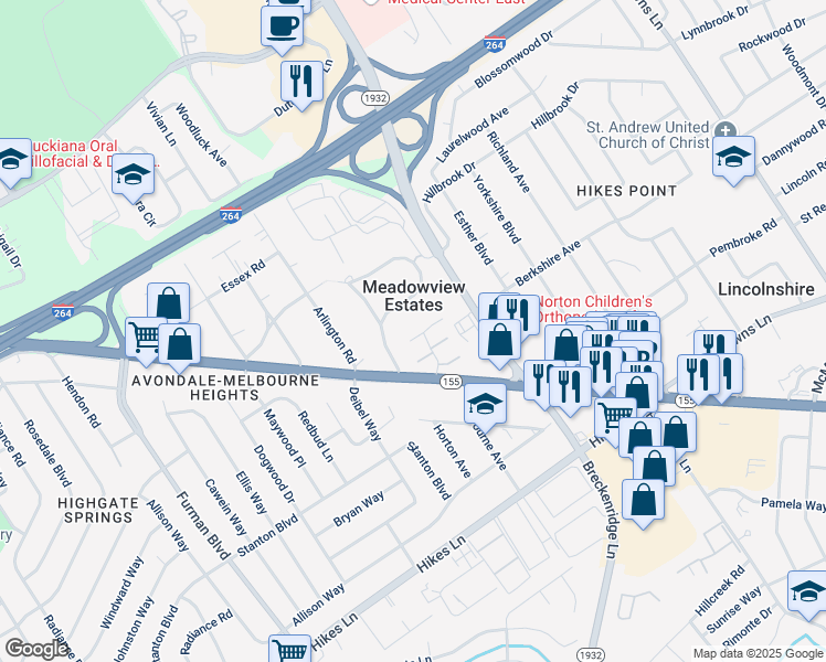 map of restaurants, bars, coffee shops, grocery stores, and more near 1902 Manor House Drive in Meadowview Estates