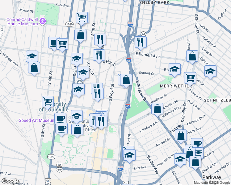 map of restaurants, bars, coffee shops, grocery stores, and more near 1711 South Floyd Street in Louisville