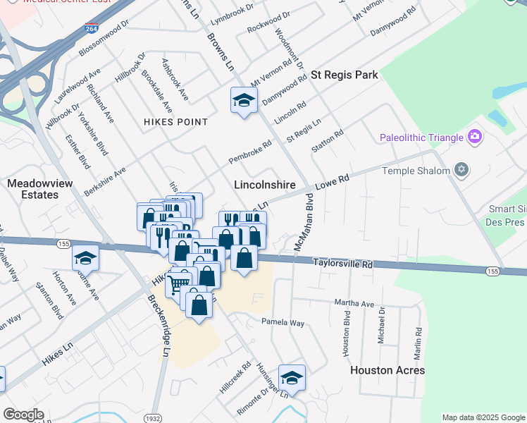 map of restaurants, bars, coffee shops, grocery stores, and more near 4204 Browns Lane in Louisville