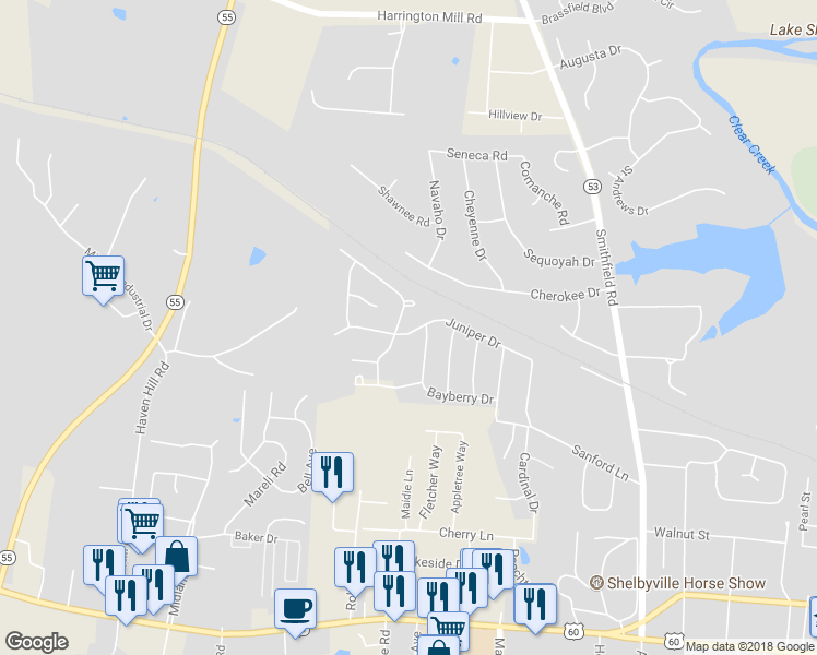 map of restaurants, bars, coffee shops, grocery stores, and more near 1637 Juniper Drive in Shelbyville
