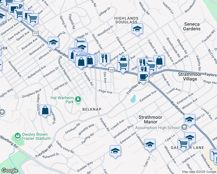 map of restaurants, bars, coffee shops, grocery stores, and more near 1800 Sils Avenue in Louisville