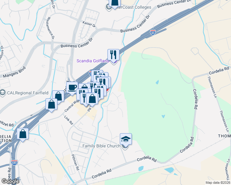 map of restaurants, bars, coffee shops, grocery stores, and more near 405 Dawson Creek Drive in Fairfield
