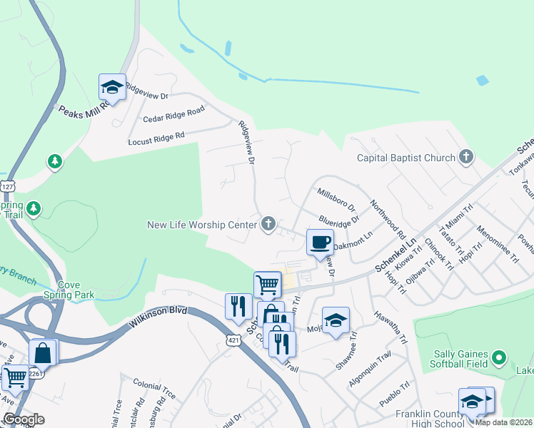 map of restaurants, bars, coffee shops, grocery stores, and more near 102 Jeremy Drive in Frankfort