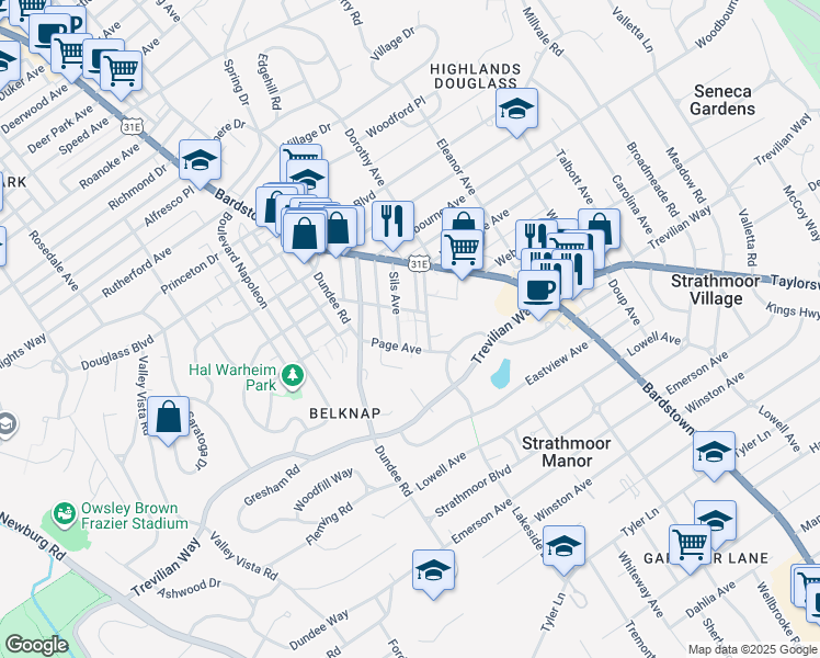 map of restaurants, bars, coffee shops, grocery stores, and more near 1915 Wrocklage Avenue in Louisville
