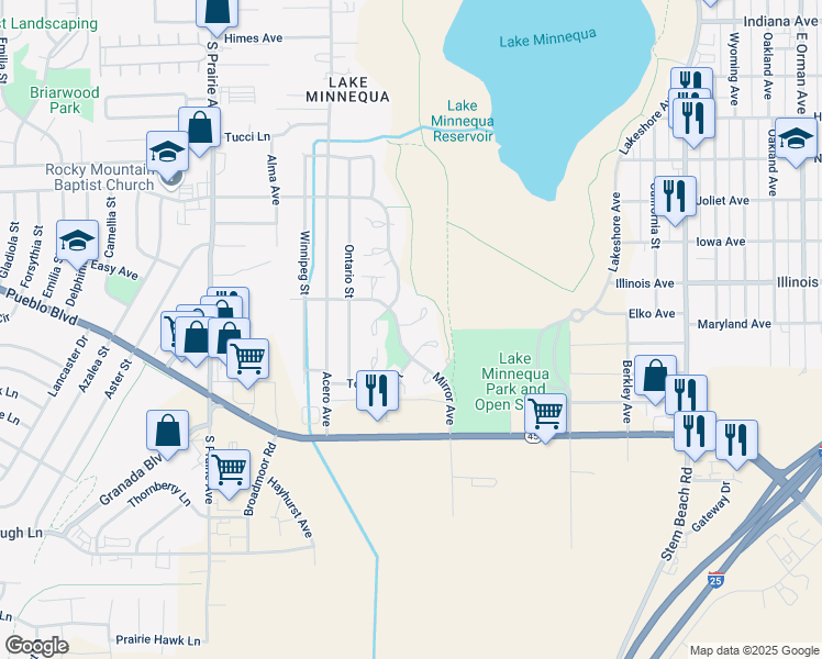 map of restaurants, bars, coffee shops, grocery stores, and more near 2004 Mirror Court in Pueblo