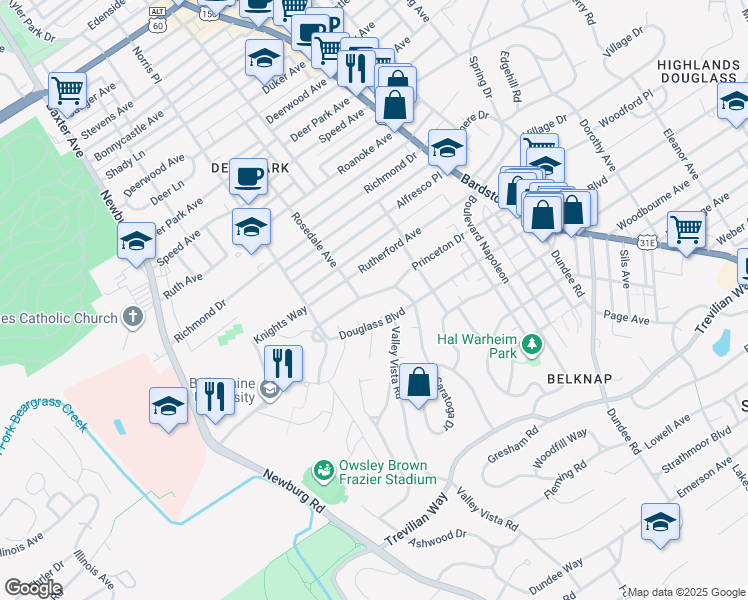 map of restaurants, bars, coffee shops, grocery stores, and more near 1839 Douglass Boulevard in Louisville
