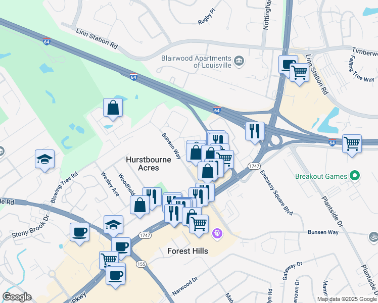 map of restaurants, bars, coffee shops, grocery stores, and more near 1701 Somerset Place in Hurstbourne Acres