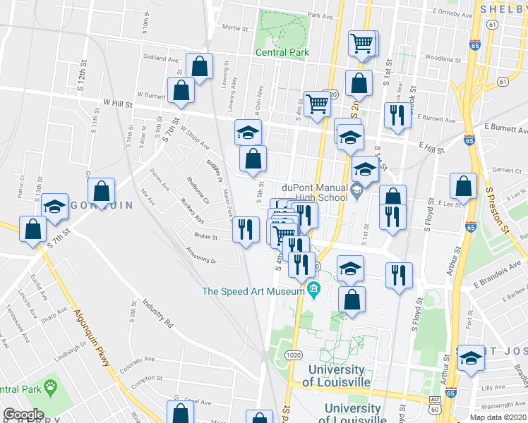 map of restaurants, bars, coffee shops, grocery stores, and more near 426 West Bloom Street in Louisville