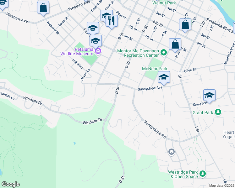 map of restaurants, bars, coffee shops, grocery stores, and more near 1315 D Street in Petaluma