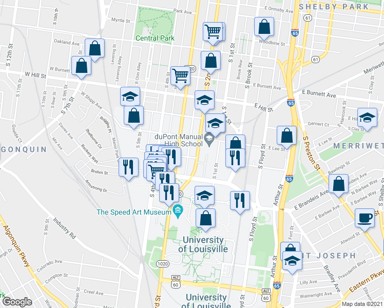 map of restaurants, bars, coffee shops, grocery stores, and more near 1726 South 2nd Street in Louisville