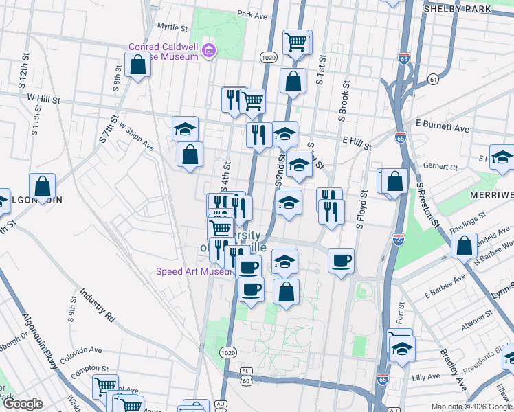 map of restaurants, bars, coffee shops, grocery stores, and more near 1800 South 3rd Street in Louisville