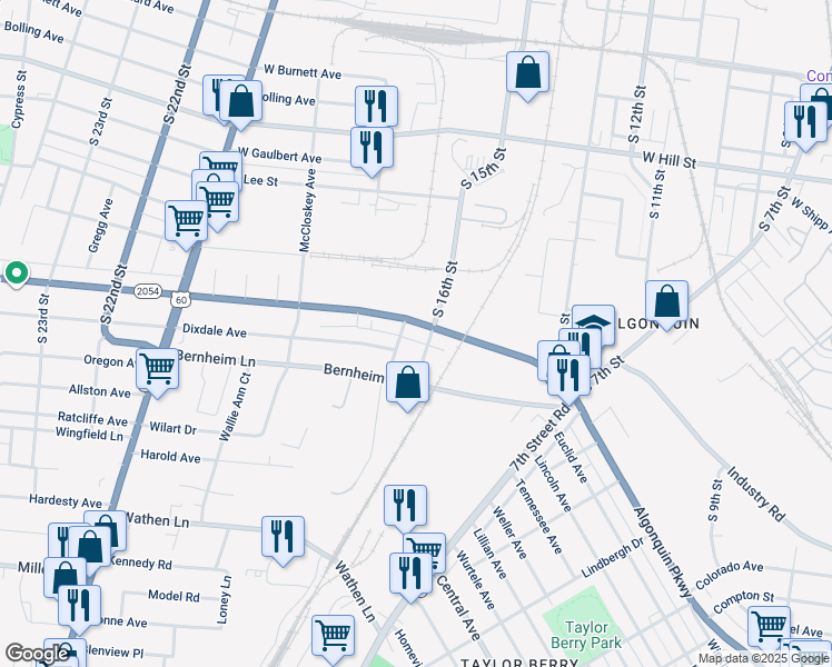 map of restaurants, bars, coffee shops, grocery stores, and more near 2022 South 16th Street in Louisville