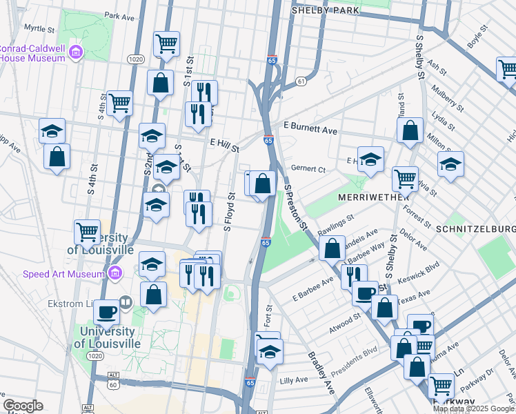 map of restaurants, bars, coffee shops, grocery stores, and more near 1700 Arthur St in Louisville