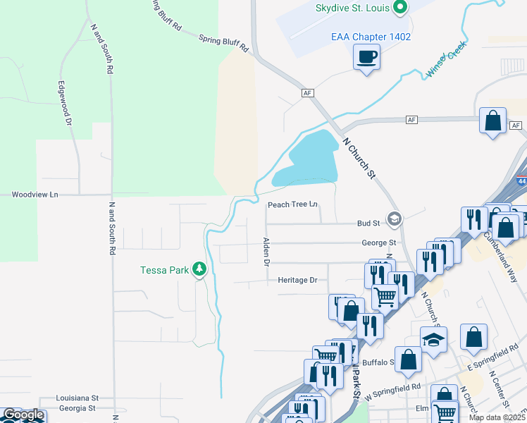 map of restaurants, bars, coffee shops, grocery stores, and more near 1207 Alden Drive in Sullivan