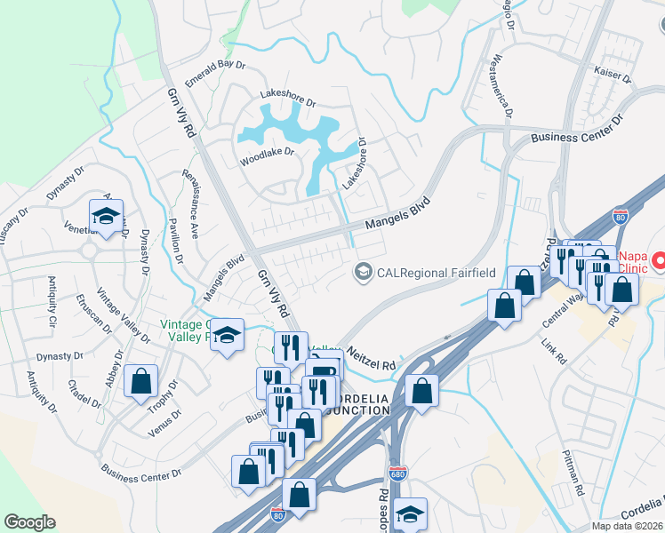 map of restaurants, bars, coffee shops, grocery stores, and more near 4830 Business Center Drive in Fairfield