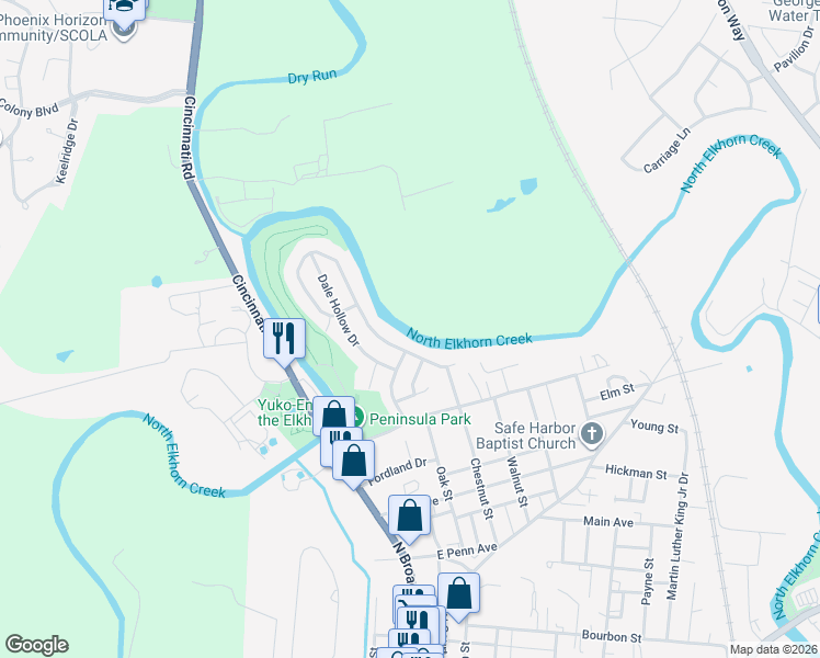 map of restaurants, bars, coffee shops, grocery stores, and more near 124 Barren River Boulevard in Georgetown