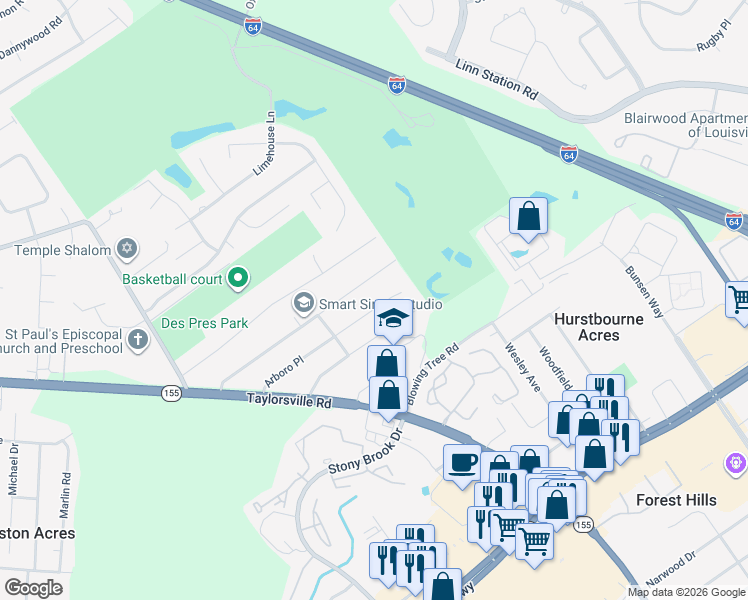 map of restaurants, bars, coffee shops, grocery stores, and more near 1817 Arboro Place in Louisville