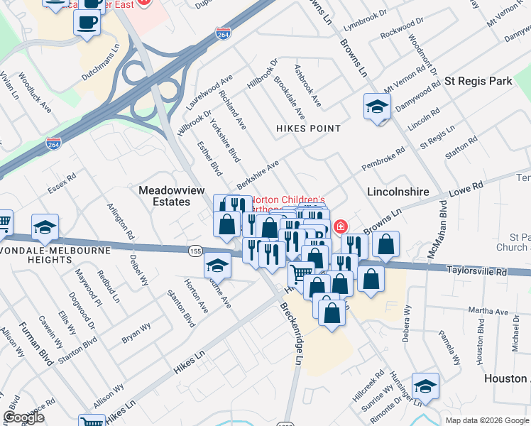 map of restaurants, bars, coffee shops, grocery stores, and more near 2928 Yorkshire Boulevard in Louisville