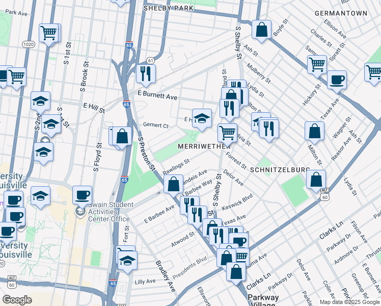 map of restaurants, bars, coffee shops, grocery stores, and more near 608 Rawlings Street in Louisville