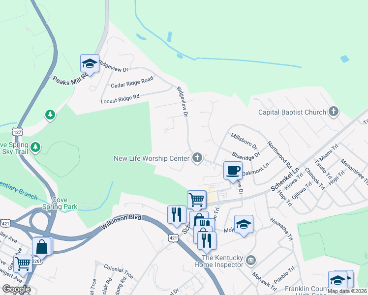 map of restaurants, bars, coffee shops, grocery stores, and more near 102 Jeremy Drive in Frankfort