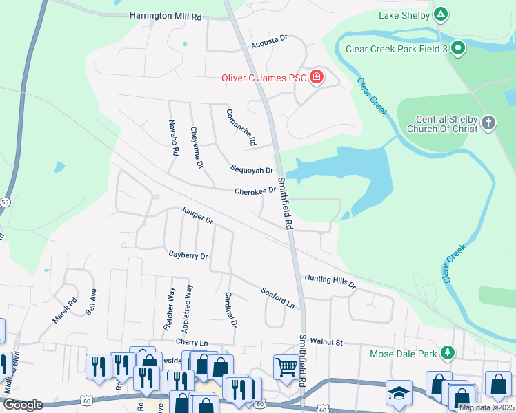 map of restaurants, bars, coffee shops, grocery stores, and more near 50 Iroquois Drive in Shelbyville